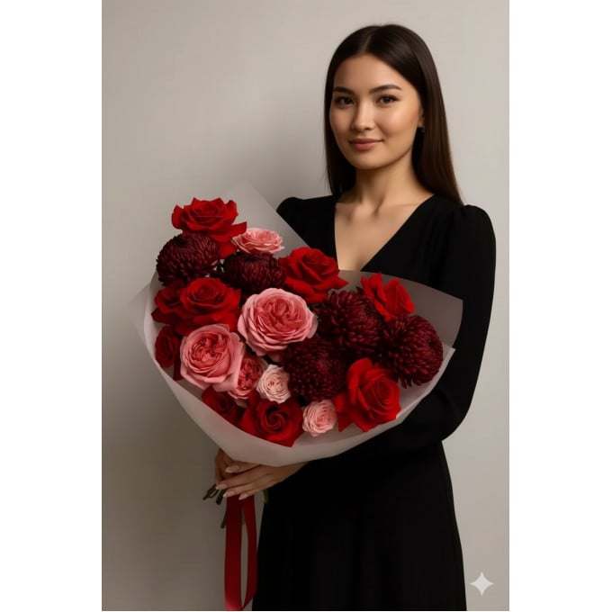 Букет из роз, пионовидных роз, хризантем, спрей роз Букет из роз, пионовидных роз, хризантем, спрей роз